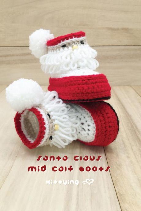 Baby Booties Crochet Patterns - Santa Claus Mid Calf Boots Crochet PATTERN for Christmas Holiday by Kittying - Newborn Baby Toddler
