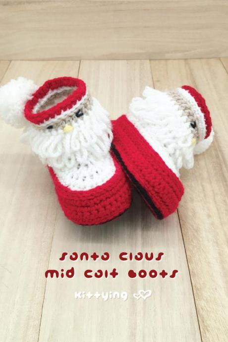 Baby Boots Crochet Pattern - Newborn Baby Booties Crochet Pattern - Santa Mid Calf Toddler Shoes - Christmas Holiday By Kittying