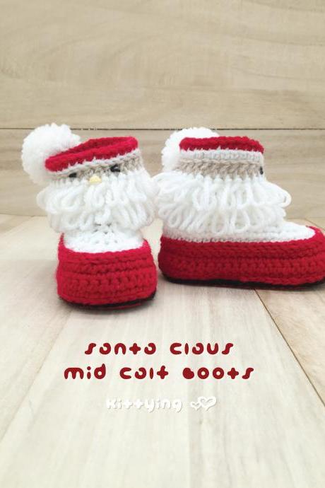 Santa Claus Baby Booties Crochet PATTERN for Christmas Holiday by Kittying - Newborn Baby Toddler - Crochet Mid Calf Boots
