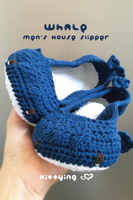 Whale Men's House Slipper Crochet Pattern - Men's sizes 6 - 15 - Chart & Written Pattern by kittying